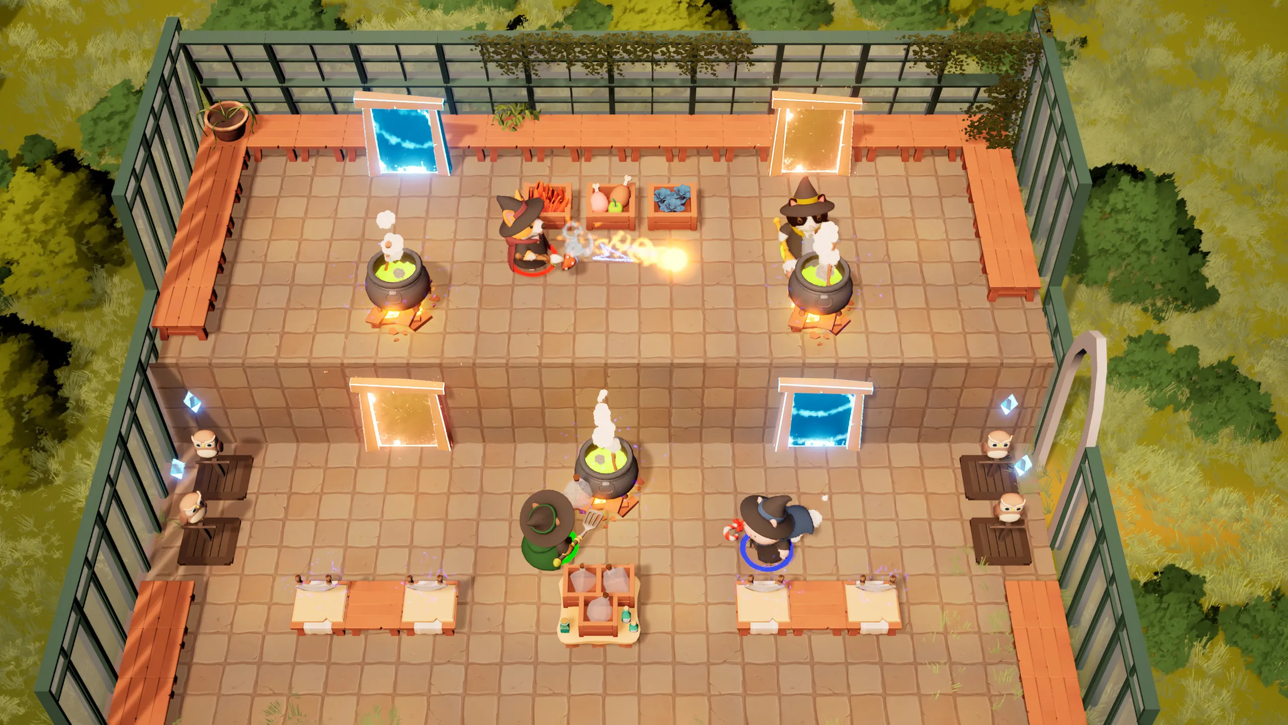 Four apprentice wizards brew potions in a sunny, glass-walled courtyard workshop, one casting a fireball to heat a cauldron.